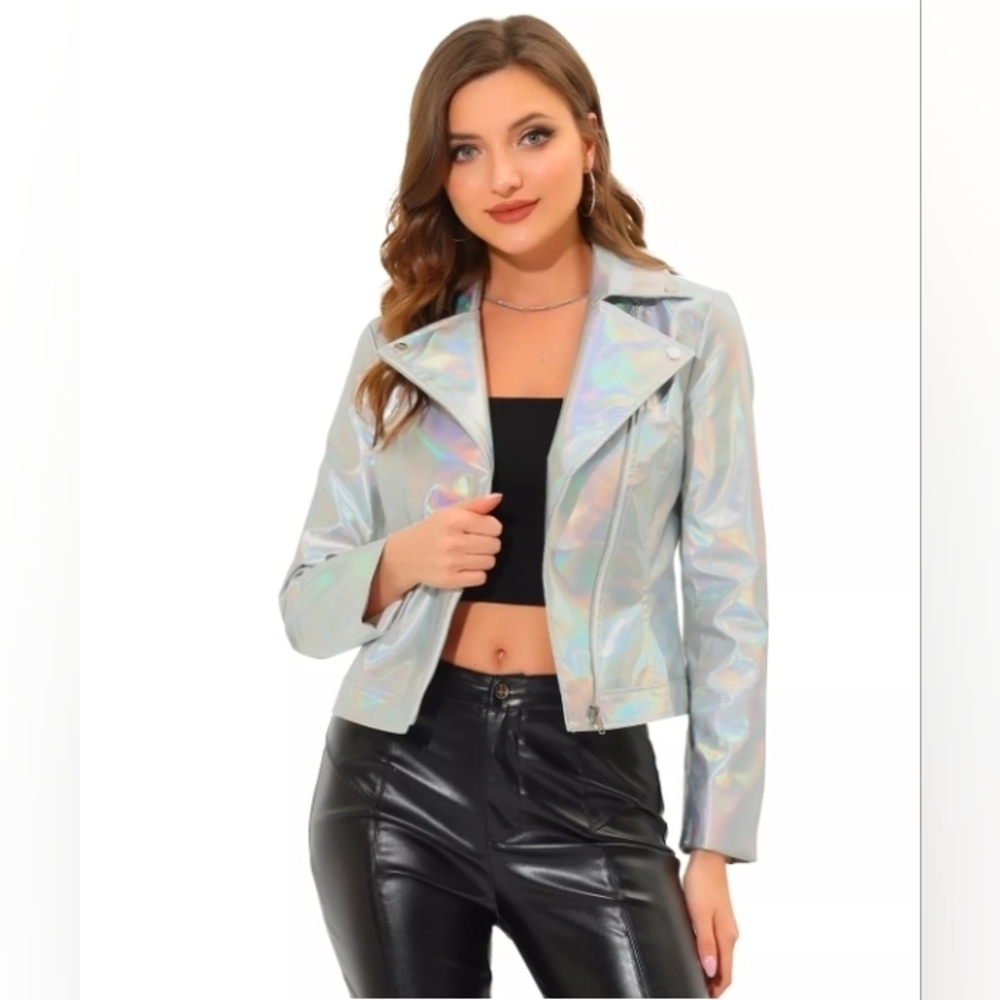 Allegra K Women's Holographic Shiny Zipper Biker Metallic Jackets